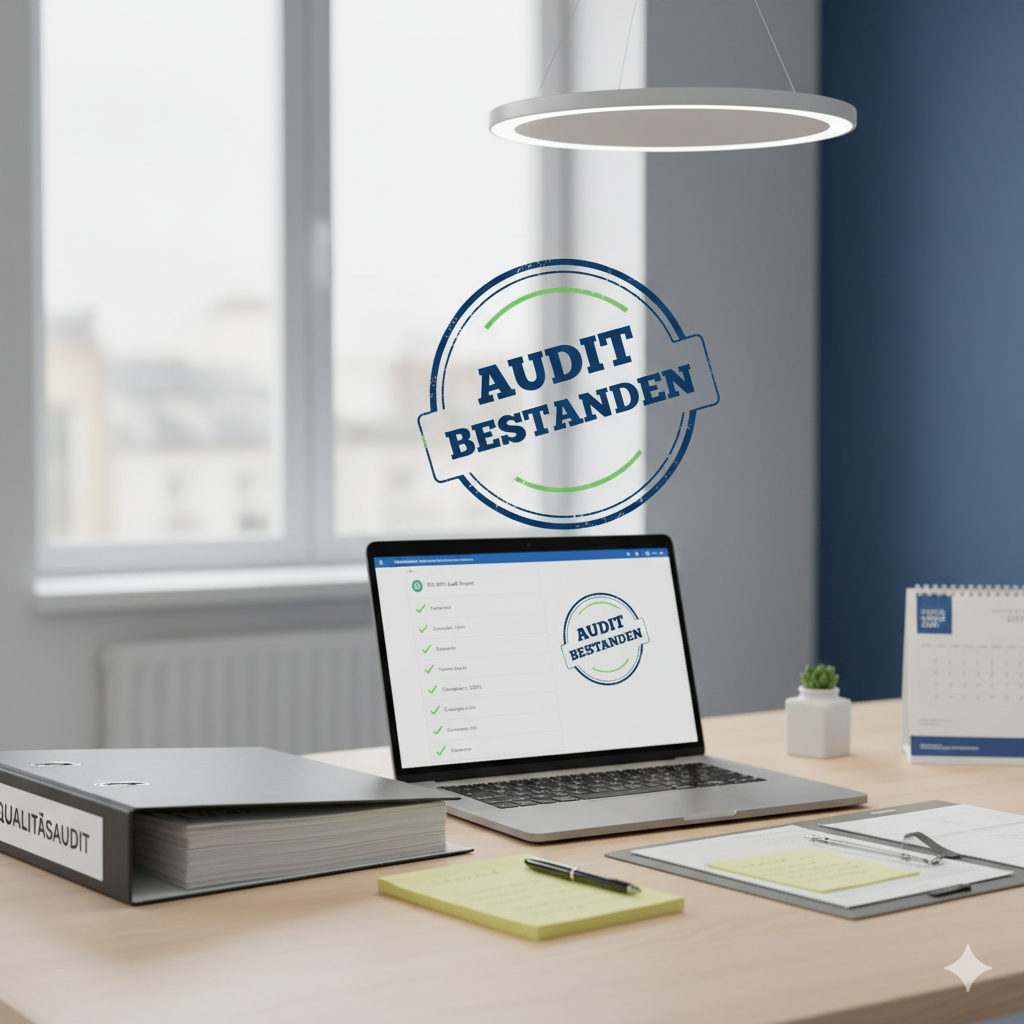 Geordnete Auditunterlagen neben Laptop